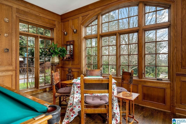 interior space featuring wood walls, plenty of natural light, and wood finished floors