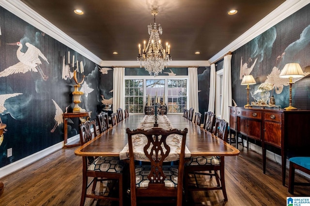 dining area featuring a notable chandelier, wood finished floors, and crown molding