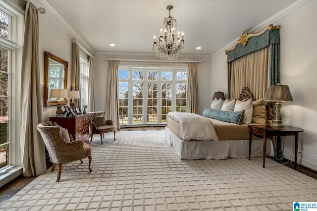 bedroom featuring a notable chandelier, multiple windows, and crown molding