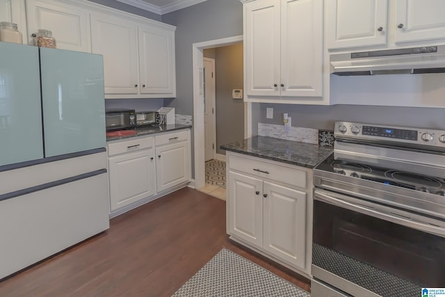 kitchen with electric range, white cabinets, dark wood-style floors, under cabinet range hood, and black microwave