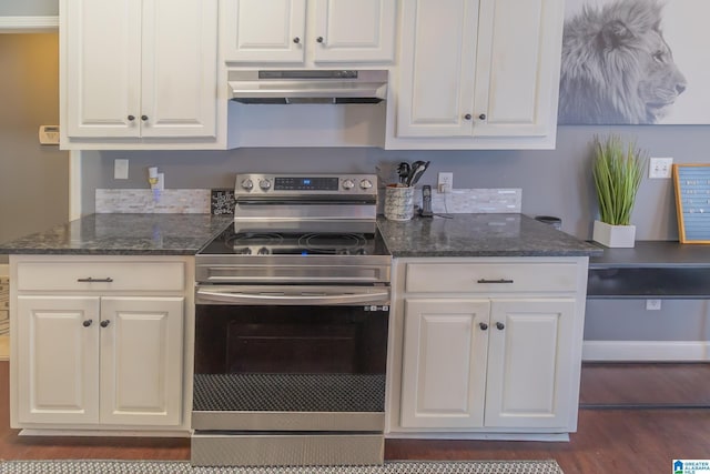 kitchen with stainless steel electric range oven, dark wood-style flooring, white cabinets, and under cabinet range hood