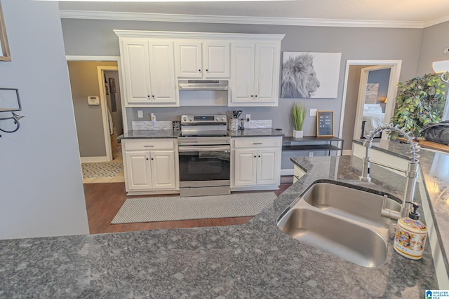 kitchen with crown molding, dark wood finished floors, a sink, under cabinet range hood, and stainless steel electric range