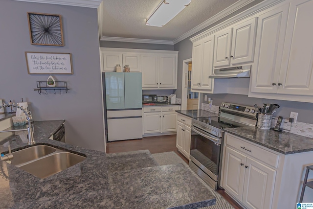 kitchen featuring freestanding refrigerator, electric stove, white cabinets, and under cabinet range hood