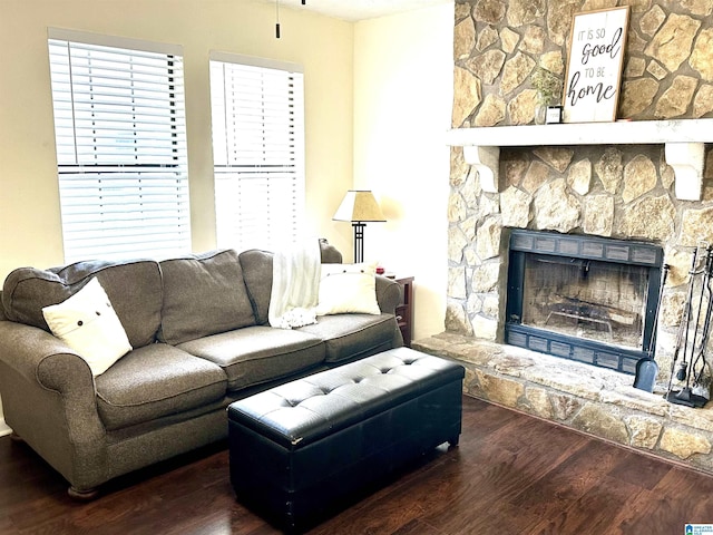 living room featuring a fireplace and wood finished floors