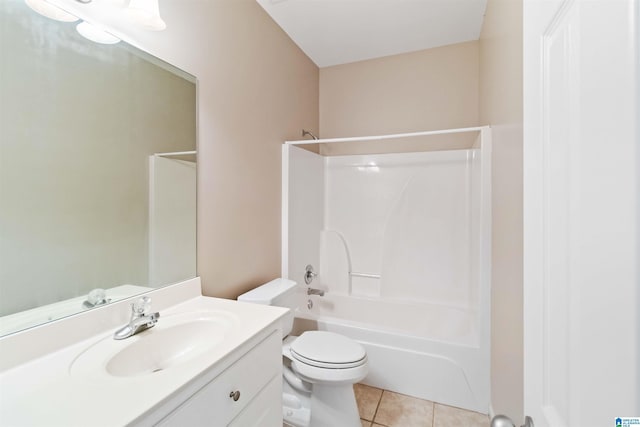 full bathroom featuring shower / bathing tub combination, vanity, toilet, and tile patterned floors