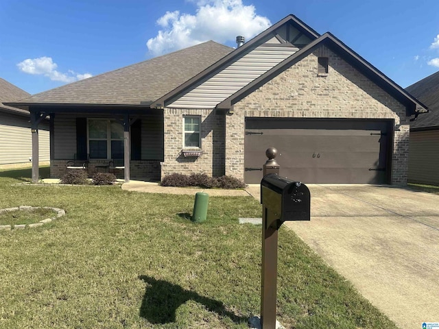 view of front of home with driveway, a shingled roof, an attached garage, a front lawn, and brick siding