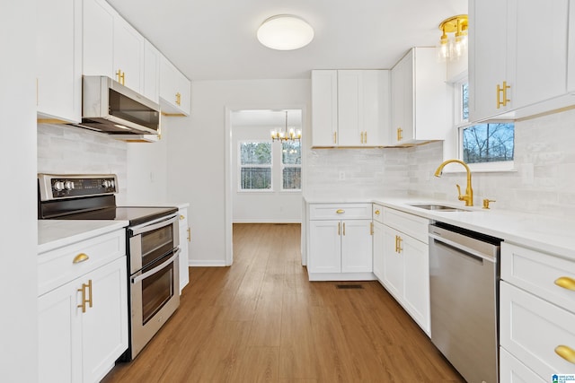 kitchen with a healthy amount of sunlight, appliances with stainless steel finishes, light countertops, light wood-type flooring, and a sink