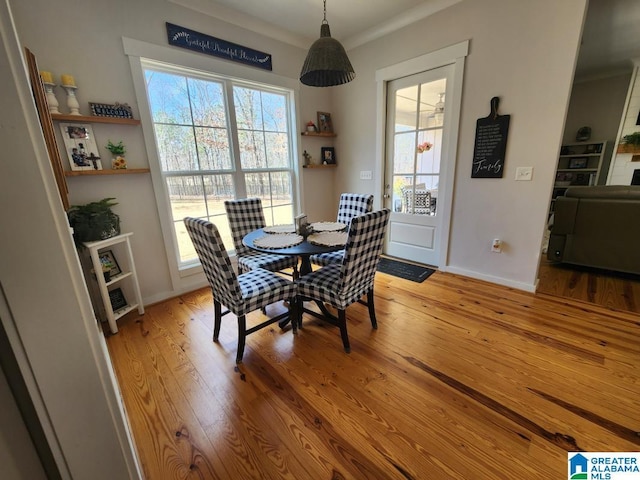 dining area with hardwood / wood-style flooring, plenty of natural light, and baseboards