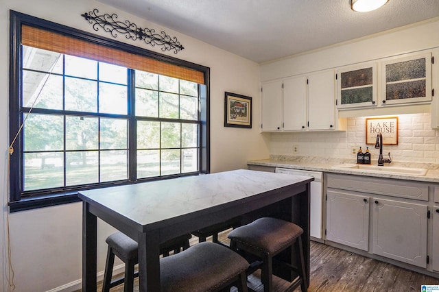 kitchen featuring a sink, white cabinets, backsplash, dark wood-style floors, and glass insert cabinets