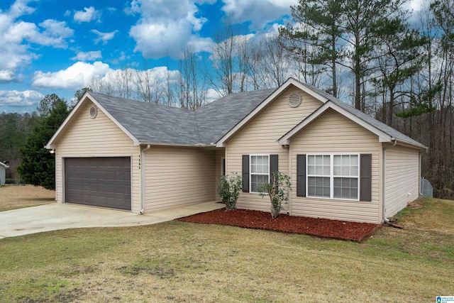 ranch-style house featuring a garage, roof with shingles, driveway, and a front lawn