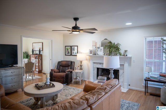 living area featuring ornamental molding, light wood-type flooring, a fireplace, and baseboards