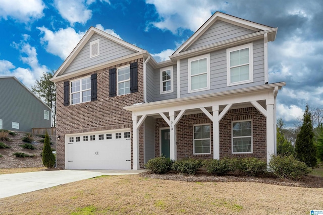 traditional-style home featuring a front yard, brick siding, concrete driveway, and an attached garage