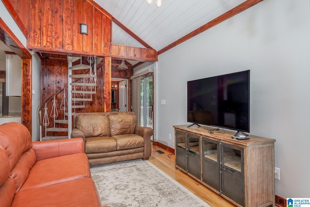 living area with wooden ceiling, visible vents, vaulted ceiling, stairs, and light wood-type flooring