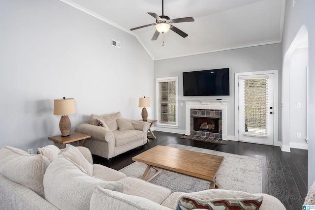 living area featuring ornamental molding, lofted ceiling, a healthy amount of sunlight, dark wood-style flooring, and a tile fireplace