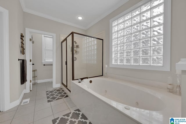 bathroom featuring crown molding, visible vents, a stall shower, tile patterned flooring, and a whirlpool tub