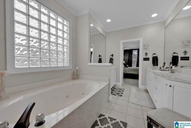 ensuite bathroom featuring ornamental molding, tile patterned floors, and ensuite bathroom