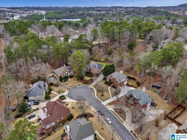 bird's eye view with a residential view and a wooded view