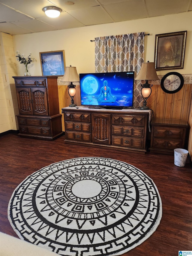 living area featuring a drop ceiling and wood finished floors