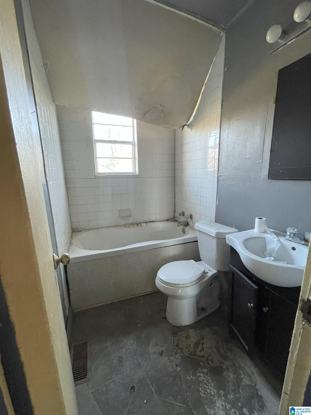 bathroom with toilet, visible vents, shower / washtub combination, and vanity