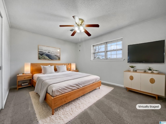 bedroom with baseboards, visible vents, a ceiling fan, a textured ceiling, and carpet flooring