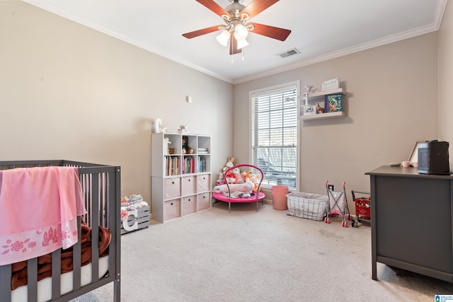 bedroom with a ceiling fan, carpet, visible vents, and crown molding