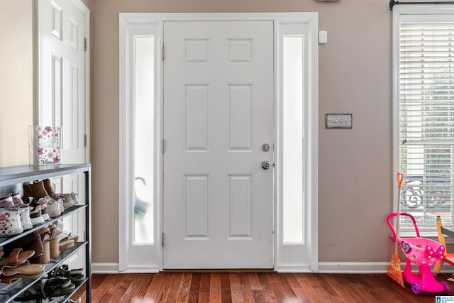 foyer entrance with dark wood-style floors, plenty of natural light, and baseboards