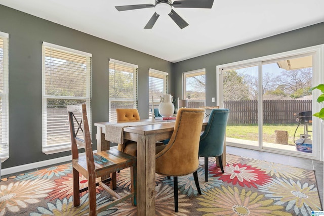 dining room featuring tile patterned floors, a ceiling fan, and baseboards