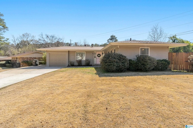 ranch-style house featuring a garage, concrete driveway, a front lawn, and fence