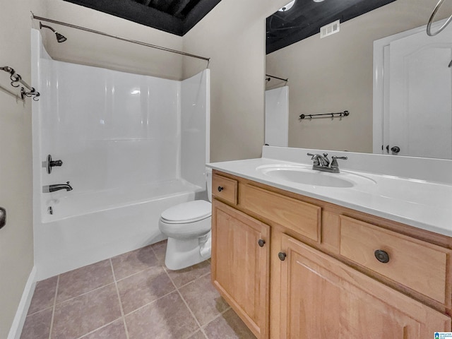 bathroom with tile patterned flooring, visible vents, toilet, bathtub / shower combination, and vanity