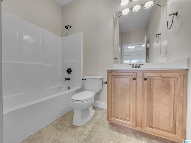 full bath featuring tile patterned flooring, baseboards, shower / washtub combination, toilet, and vanity