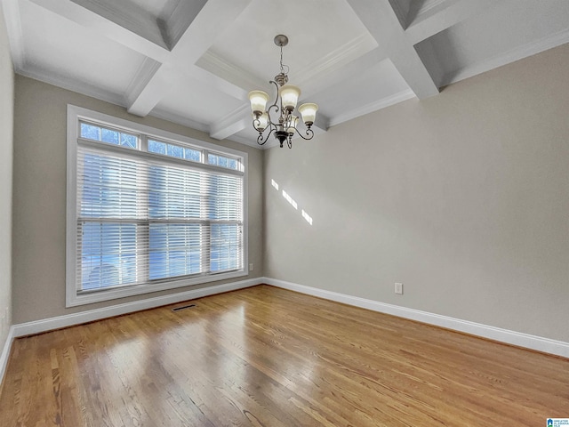 empty room with wood finished floors, baseboards, coffered ceiling, and a chandelier