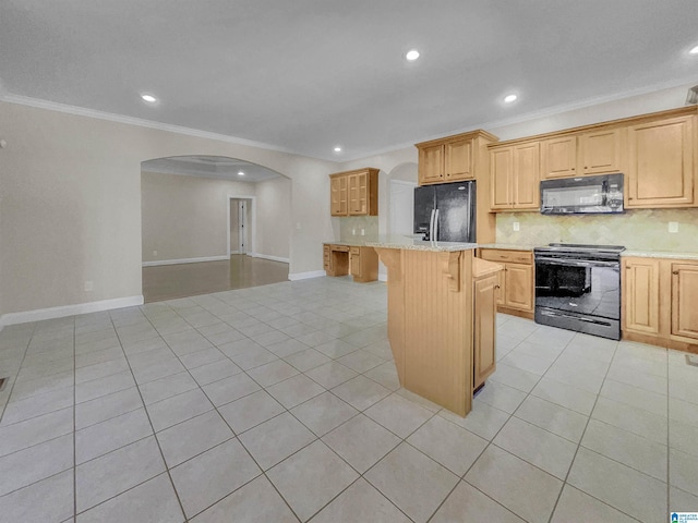 kitchen with a breakfast bar, light tile patterned flooring, arched walkways, black appliances, and backsplash