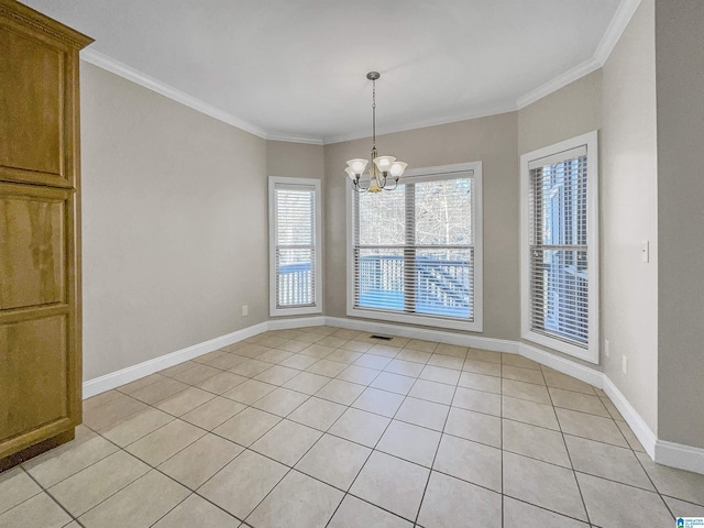 spare room featuring visible vents, crown molding, baseboards, light tile patterned floors, and a notable chandelier