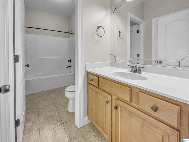 full bathroom with shower / bath combination, toilet, vanity, and tile patterned flooring