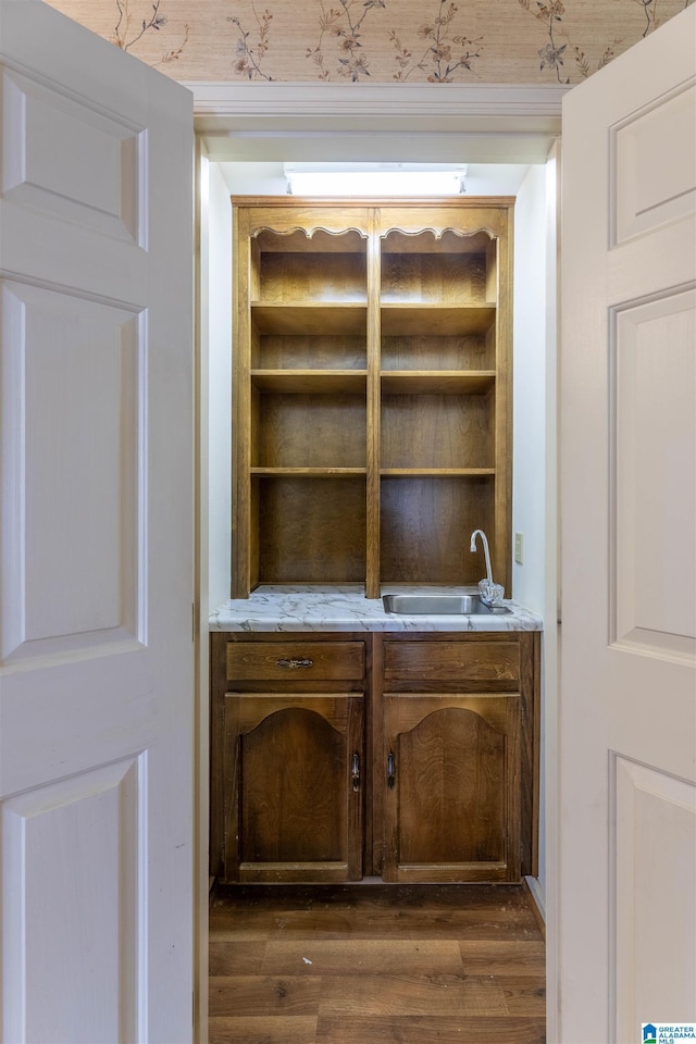 bar featuring dark wood finished floors and a sink