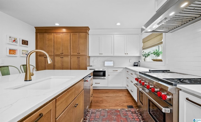 kitchen with a sink, tasteful backsplash, range hood, stainless steel appliances, and light stone countertops