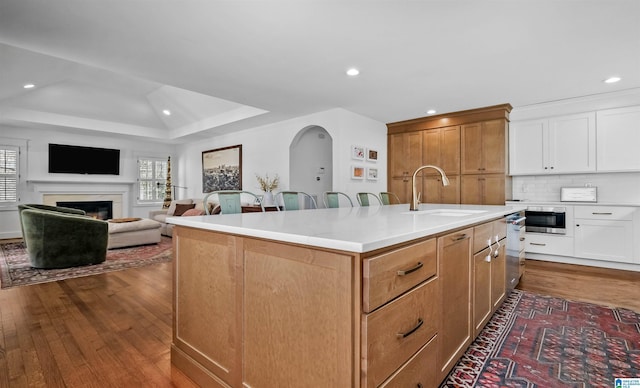 kitchen featuring a sink, backsplash, plenty of natural light, and a lit fireplace