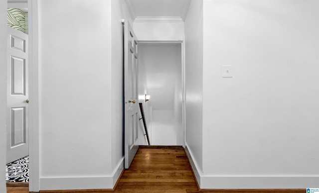 hall featuring wood finished floors, baseboards, and ornamental molding