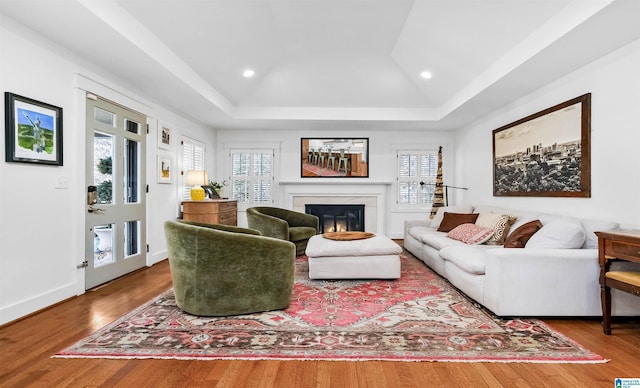 living area with a glass covered fireplace, a tray ceiling, wood finished floors, and baseboards