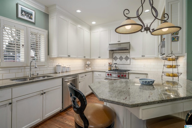 kitchen featuring dark wood finished floors, appliances with stainless steel finishes, under cabinet range hood, white cabinetry, and a sink