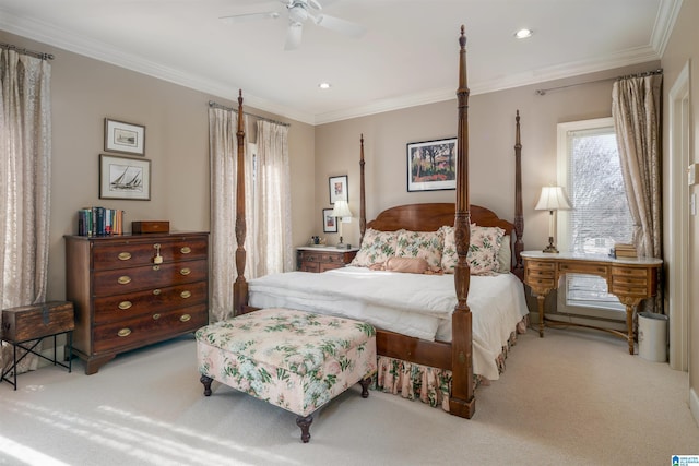 bedroom with ornamental molding, carpet, ceiling fan, and recessed lighting