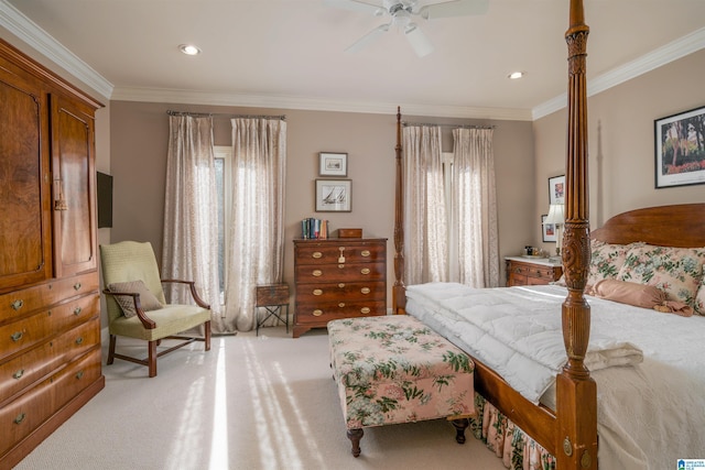 bedroom with ornamental molding, recessed lighting, a ceiling fan, and light colored carpet