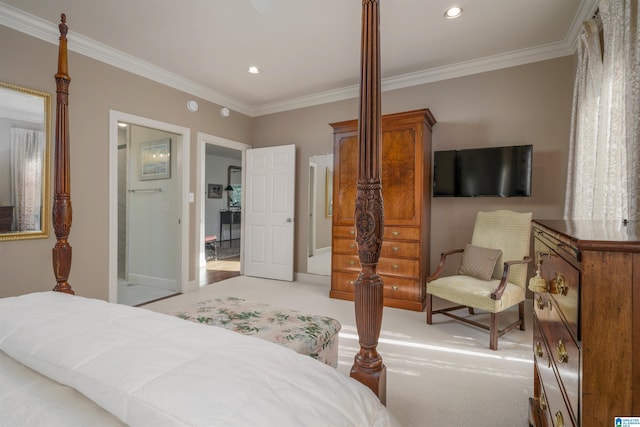 bedroom featuring light carpet, recessed lighting, and crown molding