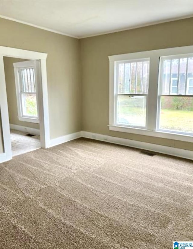 carpeted spare room with visible vents, baseboards, and ornamental molding