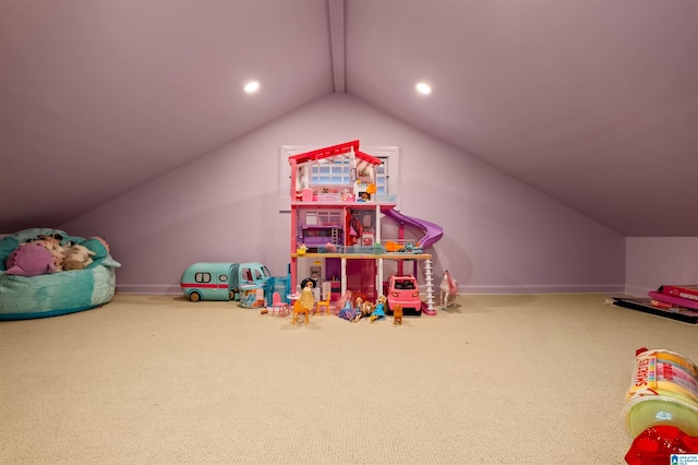 game room featuring vaulted ceiling, carpet, and baseboards