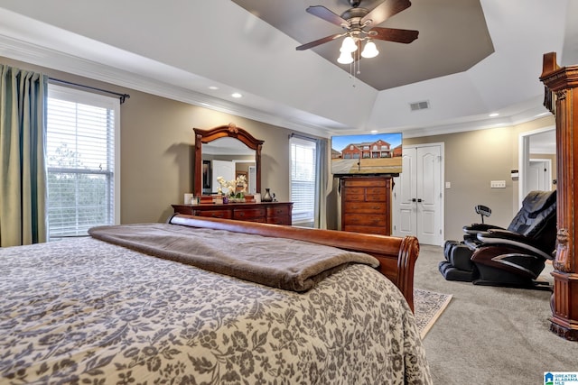 bedroom with carpet floors, crown molding, recessed lighting, visible vents, and vaulted ceiling