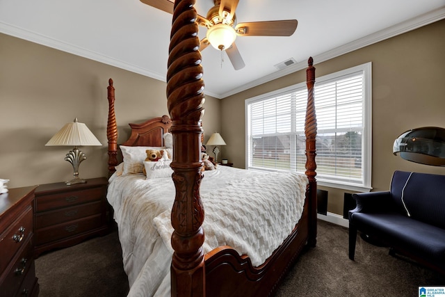 carpeted bedroom with baseboards, visible vents, ceiling fan, and crown molding