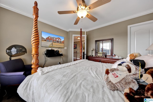 bedroom featuring a ceiling fan and crown molding