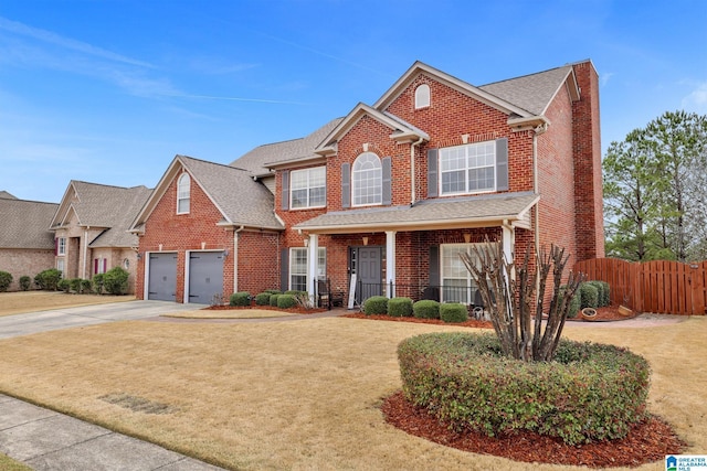 traditional-style home featuring brick siding, a shingled roof, concrete driveway, a front yard, and fence