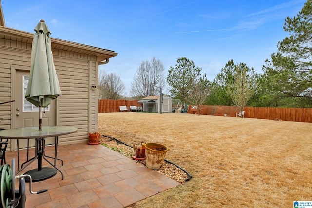 view of yard featuring a patio area, a fenced backyard, a storage shed, and an outbuilding